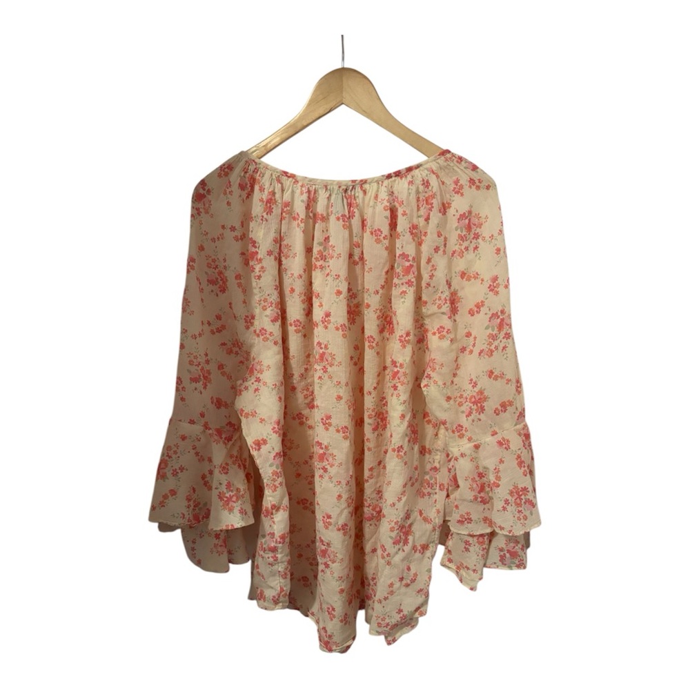 Chaps Women's 2X Crepe Peasant Blouse 3/4 Bell Sleeves Cream Pink Floral - Picture 9 of 10